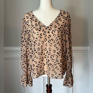 A New Day Semi-Sheer Leopard Print Ruffle Sleeve Blouse size Medium